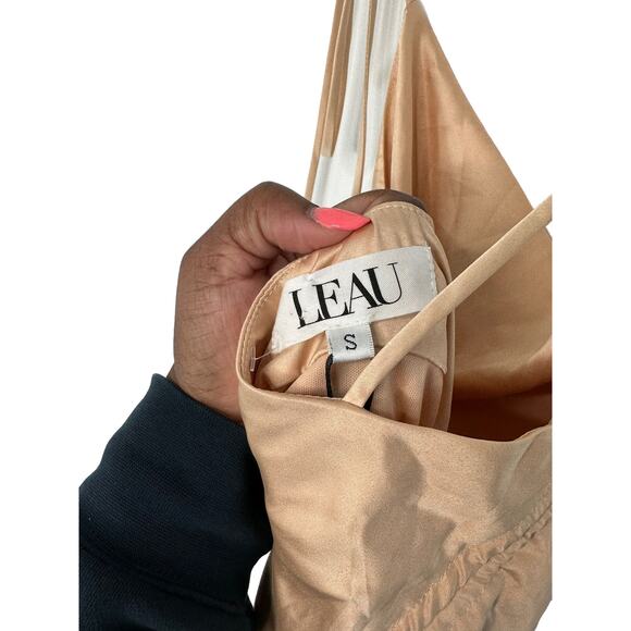 NWT LEAU Cabo Gold Champagne Satin Ruched Party Bodycon Mini Dress Size Small - Picture 3 of 9